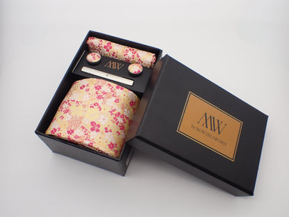 Pink Sakura Floral Paisley Tie Set / Pocket Square, Bowtie, Tie Clip, Cufflinks / Gift for Him / Wedding Groomsmen Gift / Men's Gift Box