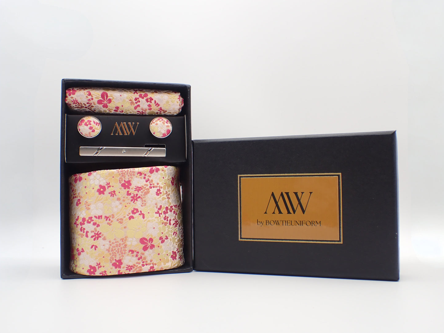 Pink Sakura Floral Paisley Tie Set / Pocket Square, Bowtie, Tie Clip, Cufflinks / Gift for Him / Wedding Groomsmen Gift / Men's Gift Box