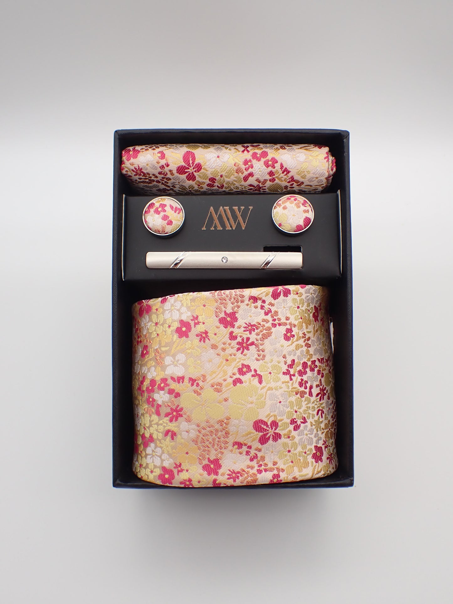 Pink Sakura Floral Paisley Tie Set / Pocket Square, Bowtie, Tie Clip, Cufflinks / Gift for Him / Wedding Groomsmen Gift / Men's Gift Box