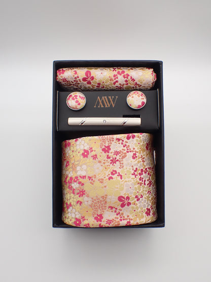 Pink Sakura Floral Paisley Tie Set / Pocket Square, Bowtie, Tie Clip, Cufflinks / Gift for Him / Wedding Groomsmen Gift / Men's Gift Box