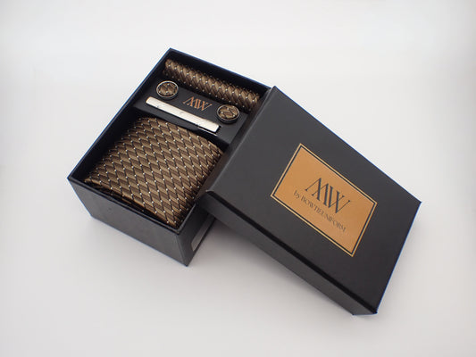 Brown Stripe Tie Set / Pocket Square, Bowtie, Tie Clip, Cufflinks / Gift for Him / Wedding Groomsmen Gift / Men Gift Box