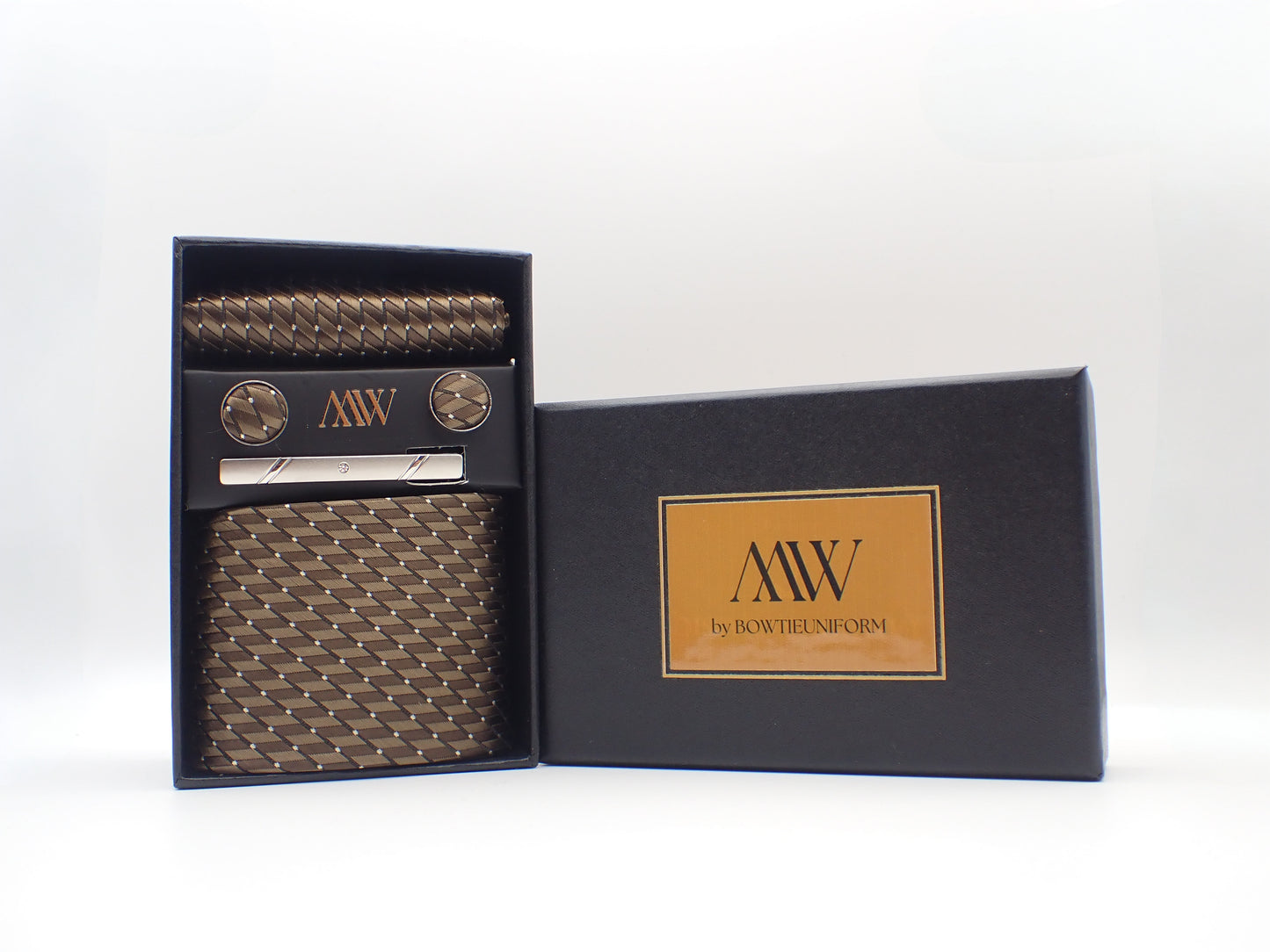 Brown Stripe Tie Set / Pocket Square, Bowtie, Tie Clip, Cufflinks / Gift for Him / Wedding Groomsmen Gift / Men Gift Box