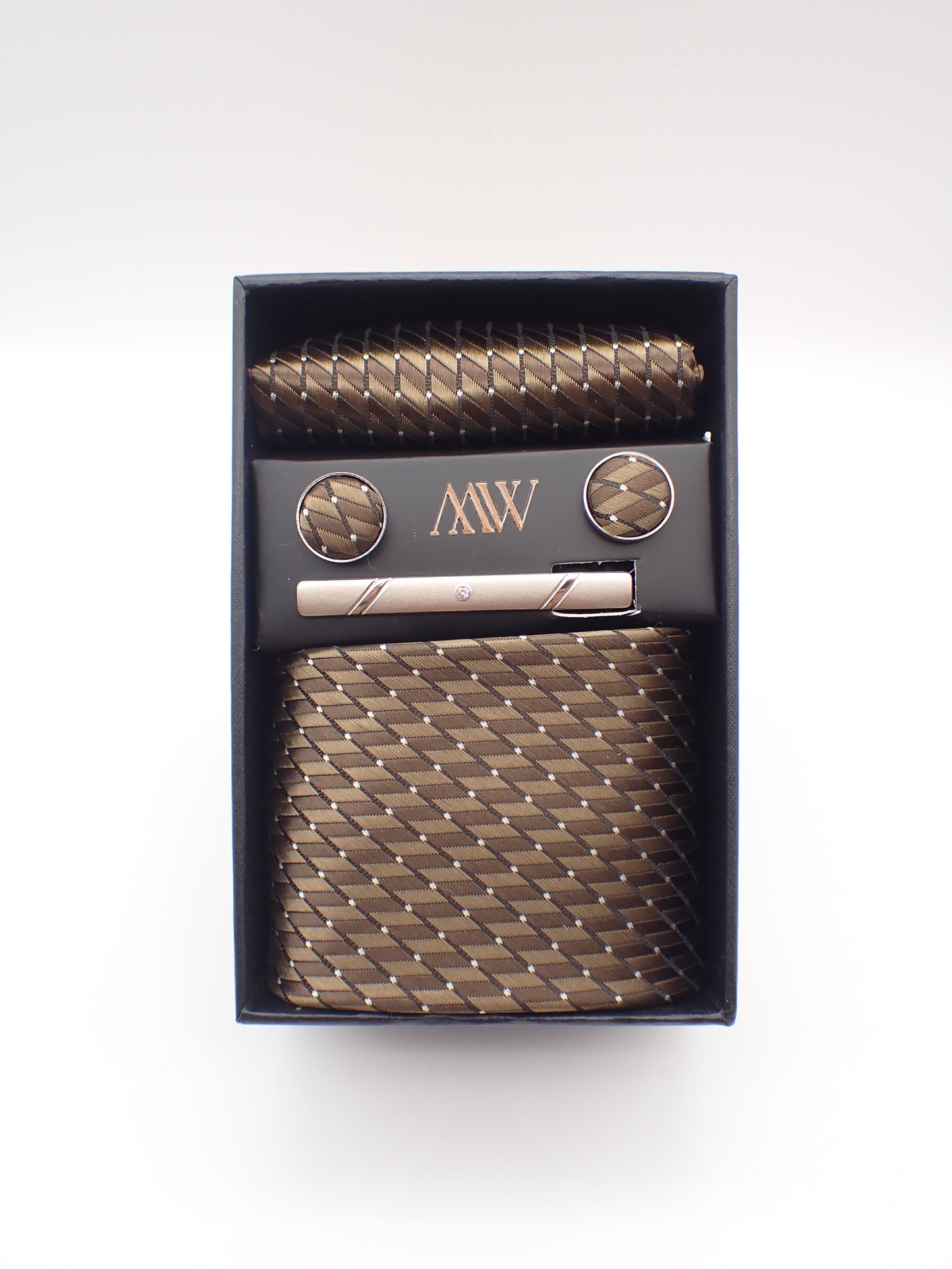 Brown Stripe Tie Set / Pocket Square, Bowtie, Tie Clip, Cufflinks / Gift for Him / Wedding Groomsmen Gift / Men Gift Box