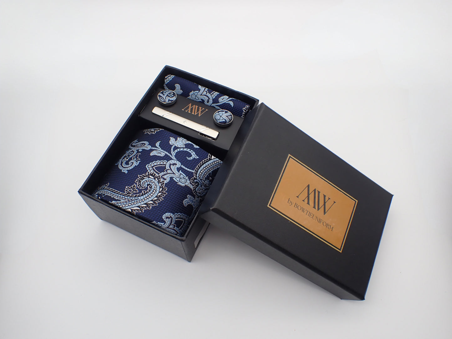 Navy Blue Paisley Tie Set / Pocket Square Tie Bowtie Cufflinks Set / Wedding Tie / Tie Clips / Gift for him Mens Groomsmen Gift