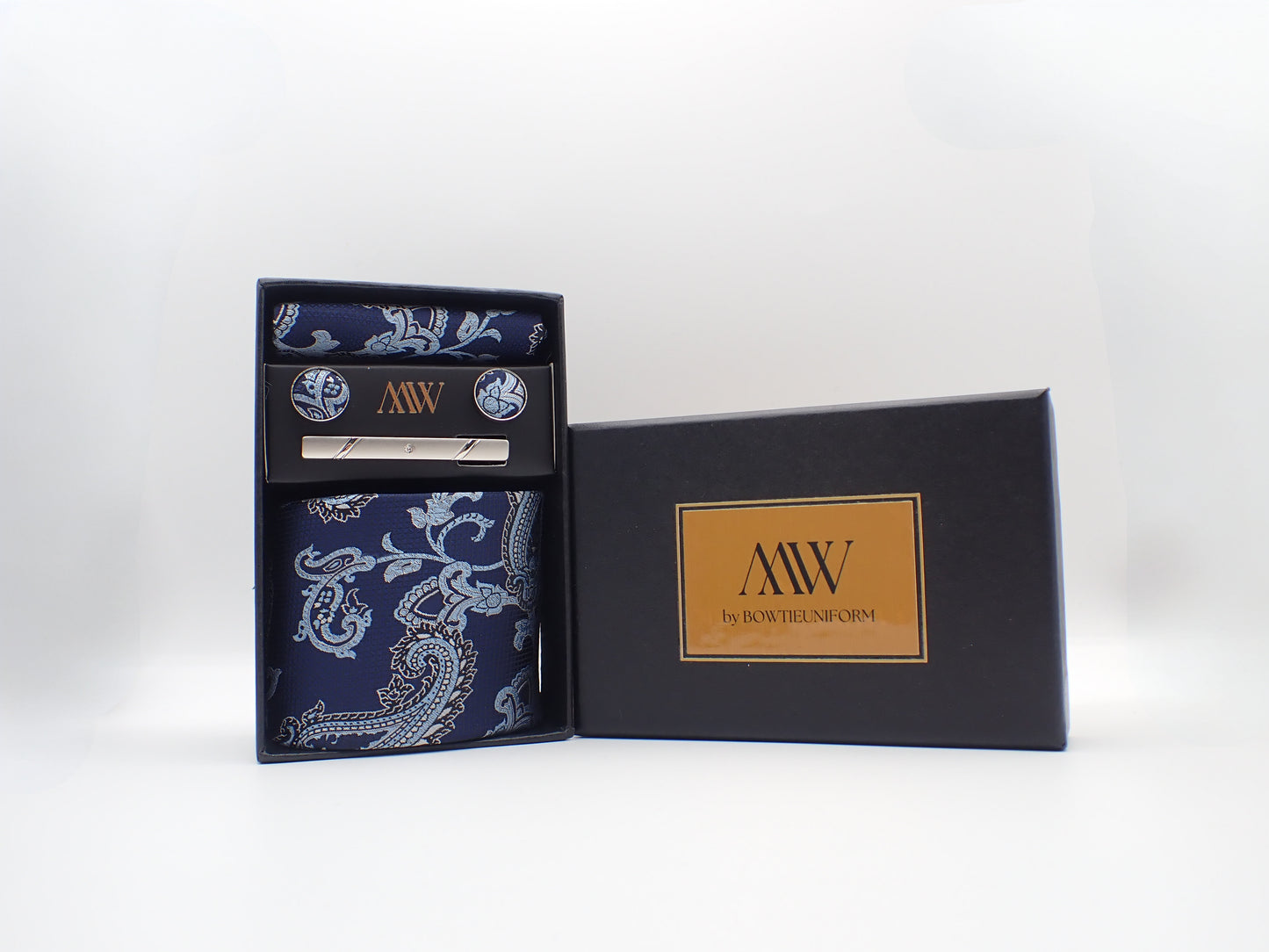 Navy Blue Paisley Tie Set / Pocket Square Tie Bowtie Cufflinks Set / Wedding Tie / Tie Clips / Gift for him Mens Groomsmen Gift