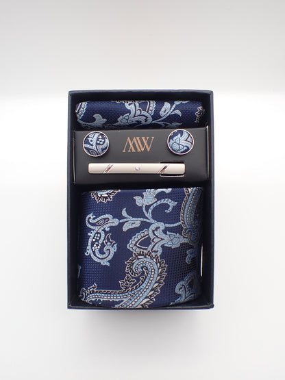 Navy Blue Paisley Tie Set / Pocket Square Tie Bowtie Cufflinks Set / Wedding Tie / Tie Clips / Gift for him Mens Groomsmen Gift