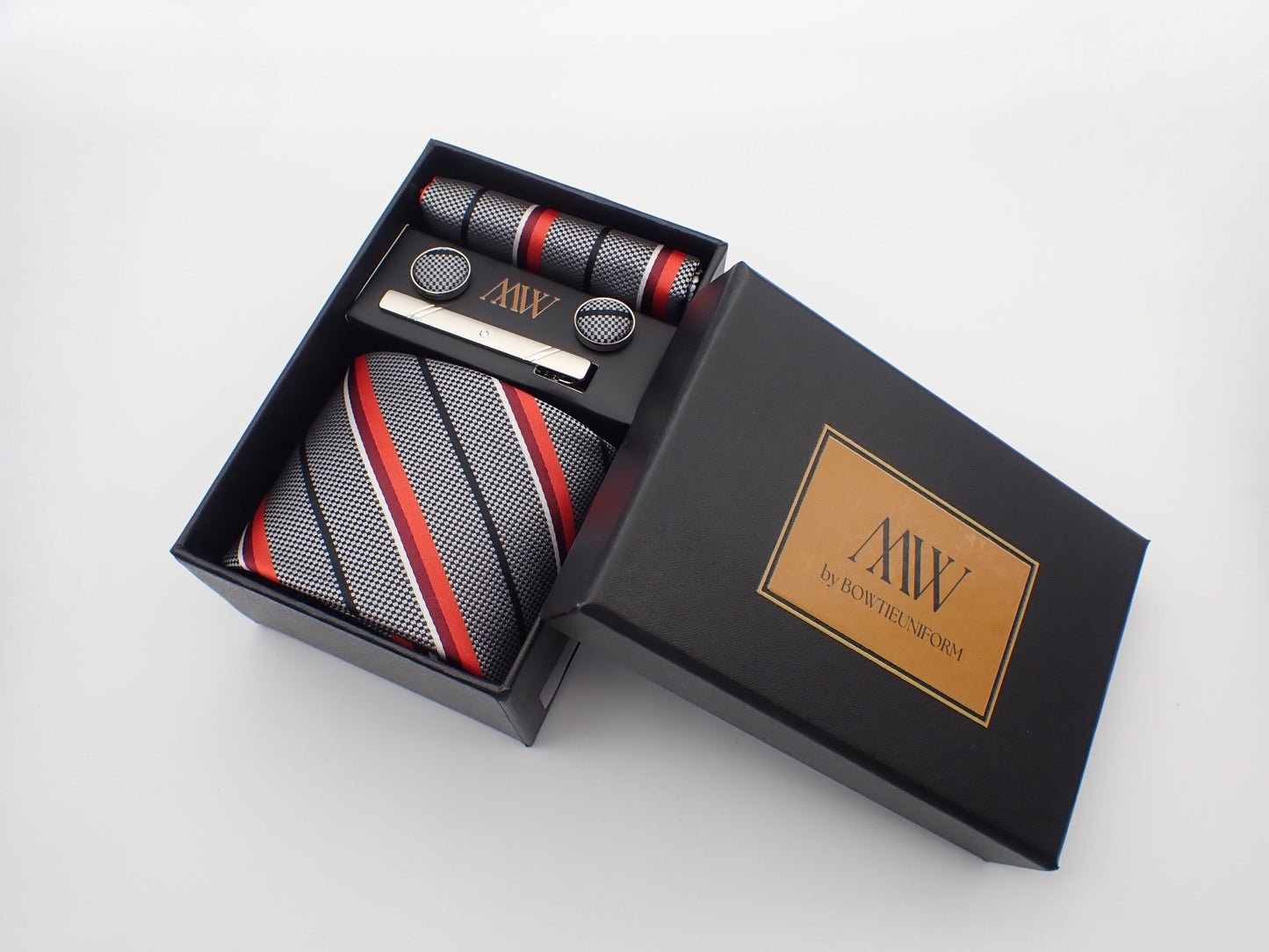 Gray and Red Stripe Tie Set / Pocket Square Tie Bowtie Cufflinks Set / Wedding Tie /Tie Clips/ Gift for him / Mens anniversary Groomsmen Gift