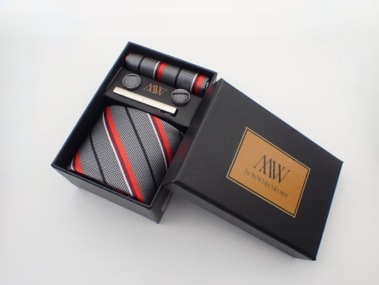 Gray and Red Stripe Tie Set / Pocket Square Tie Bowtie Cufflinks Set / Wedding Tie /Tie Clips/ Gift for him / Mens anniversary Groomsmen Gift
