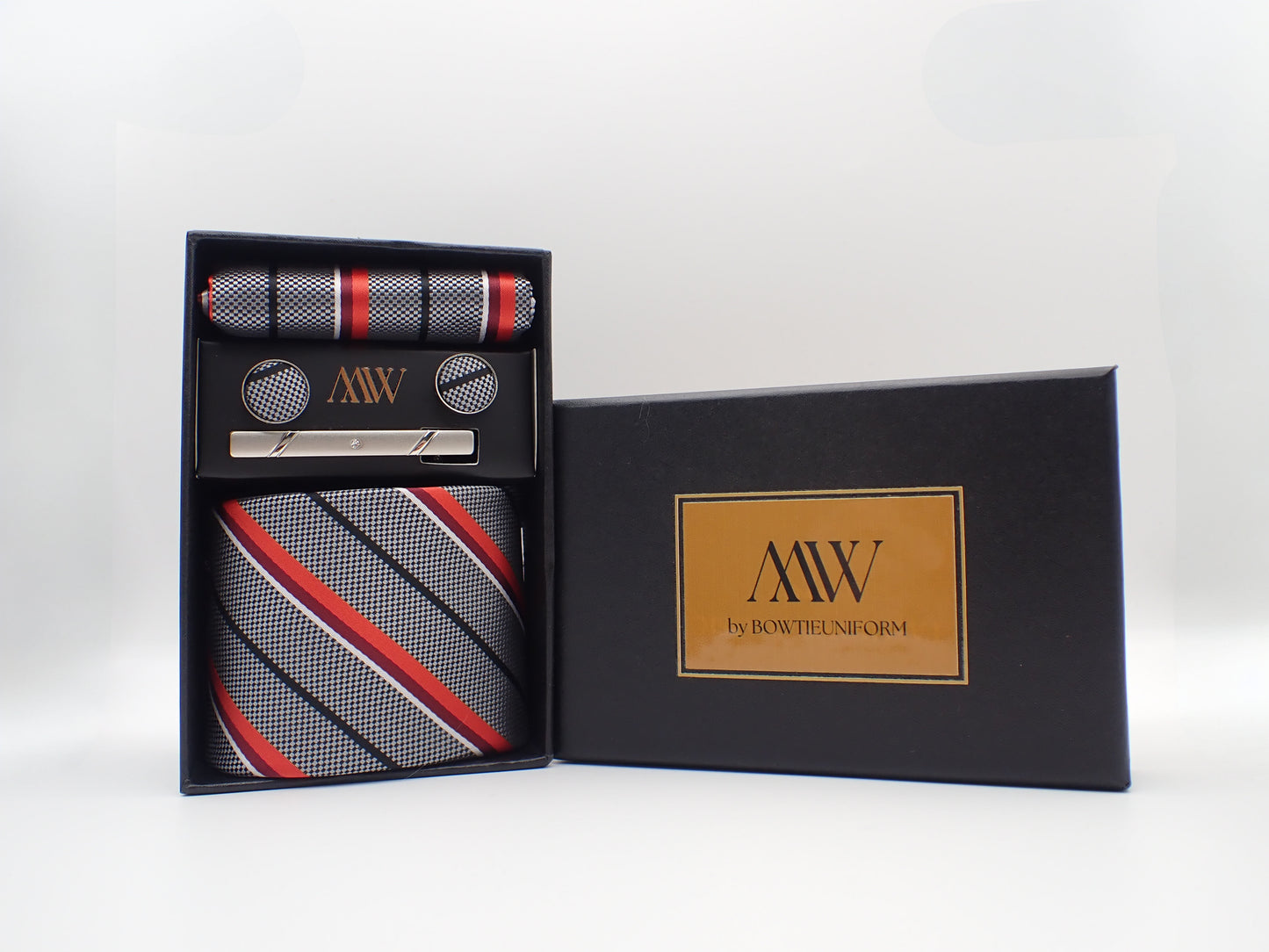 Gray and Red Stripe Tie Set / Pocket Square Tie Bowtie Cufflinks Set / Wedding Tie /Tie Clips/ Gift for him / Mens anniversary Groomsmen Gift