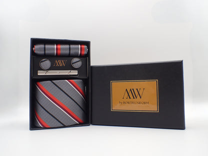 Gray and Red Stripe Tie Set / Pocket Square Tie Bowtie Cufflinks Set / Wedding Tie /Tie Clips/ Gift for him / Mens anniversary Groomsmen Gift