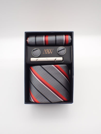 Gray and Red Stripe Tie Set / Pocket Square Tie Bowtie Cufflinks Set / Wedding Tie /Tie Clips/ Gift for him / Mens anniversary Groomsmen Gift