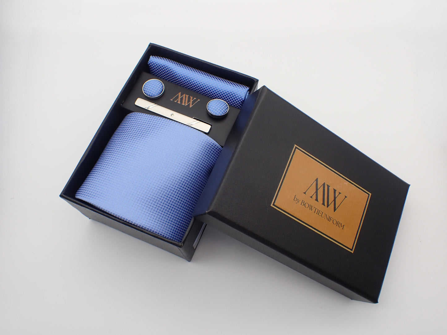 Square Pattern Sky Blue Tie Set / Pocket Square Tie Bowtie Cufflinks Set/Wedding Tie/Tie Clips/ Gift for him Mens anniversary Groomsmen Gift