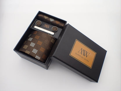 Chocolate Brown Biscuit Square Pattern Tie Set / Pocket Square, Tie Clip, Cufflinks / Gift for Him / Wedding Groomsmen Gift / Men Gift Box