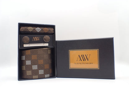 Chocolate Brown Biscuit Square Pattern Tie Set / Pocket Square, Tie Clip, Cufflinks / Gift for Him / Wedding Groomsmen Gift / Men Gift Box