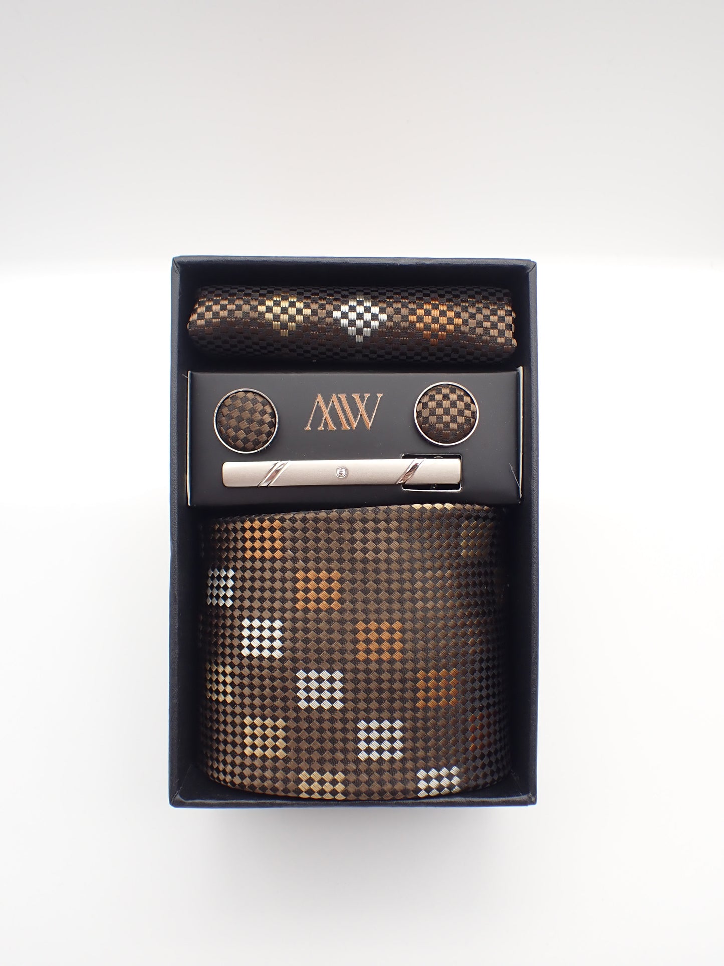 Chocolate Brown Biscuit Square Pattern Tie Set / Pocket Square, Tie Clip, Cufflinks / Gift for Him / Wedding Groomsmen Gift / Men Gift Box