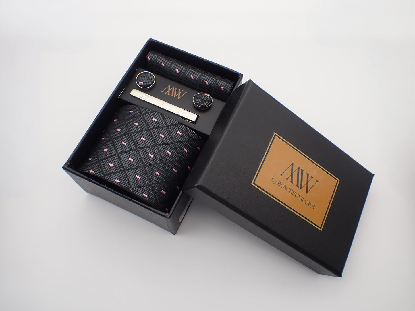 Dark Gray and Pink Diamond Tie Set / Pocket Square, Bowtie, Tie Clip, Cufflinks / Gift for Him / Wedding Groomsmen Gift / Men Gift Box