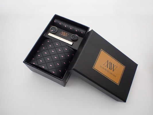 Dark Gray and Pink Diamond Tie Set / Pocket Square, Bowtie, Tie Clip, Cufflinks / Gift for Him / Wedding Groomsmen Gift / Men Gift Box