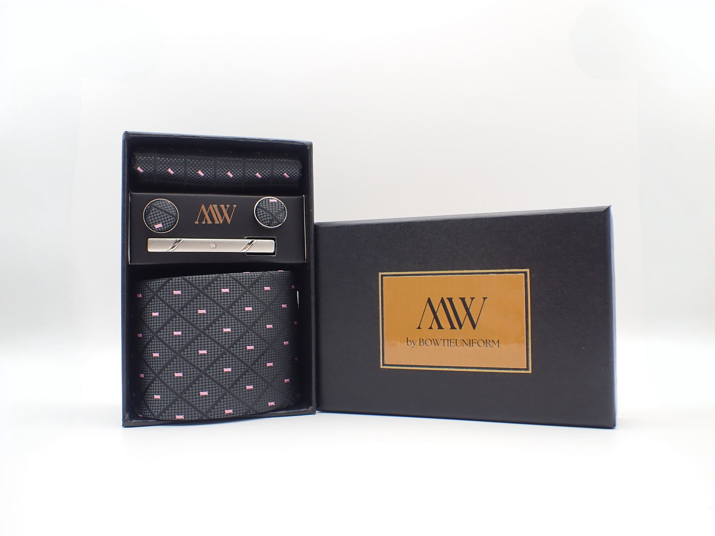 Dark Gray and Pink Diamond Tie Set / Pocket Square, Bowtie, Tie Clip, Cufflinks / Gift for Him / Wedding Groomsmen Gift / Men Gift Box