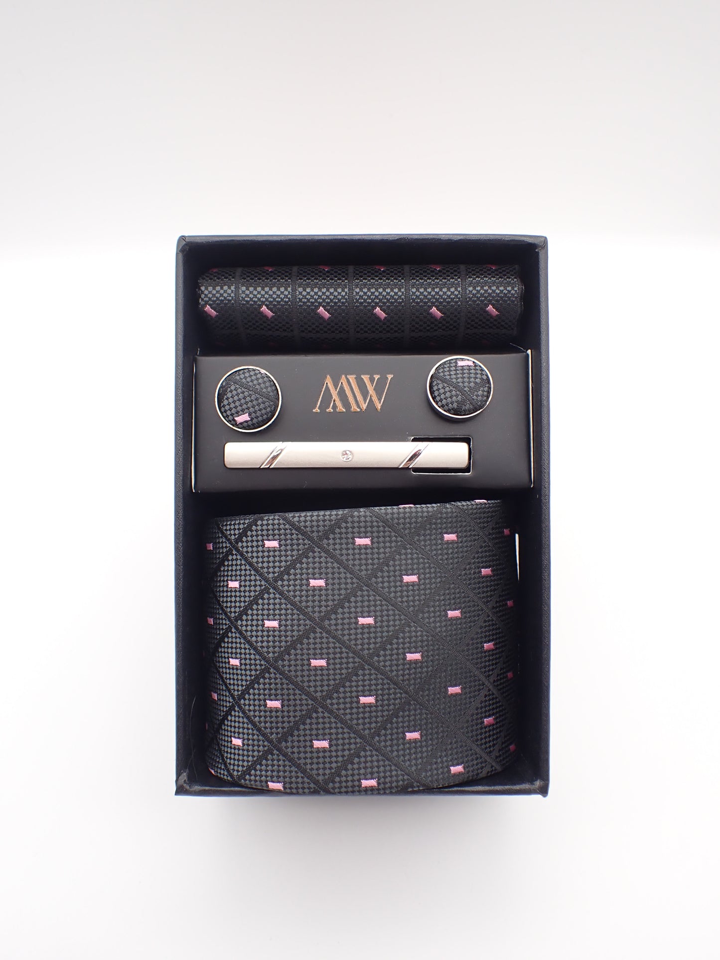 Dark Gray and Pink Diamond Tie Set / Pocket Square, Bowtie, Tie Clip, Cufflinks / Gift for Him / Wedding Groomsmen Gift / Men Gift Box