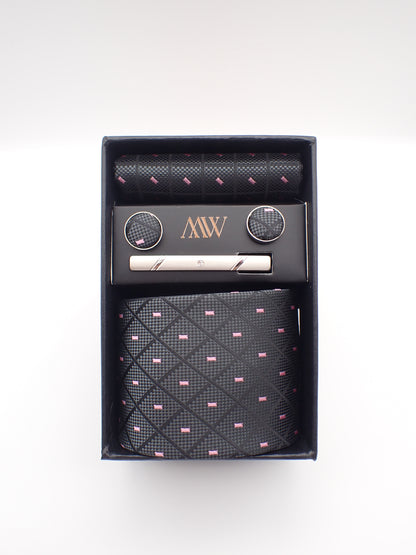 Dark Gray and Pink Diamond Tie Set / Pocket Square, Bowtie, Tie Clip, Cufflinks / Gift for Him / Wedding Groomsmen Gift / Men Gift Box