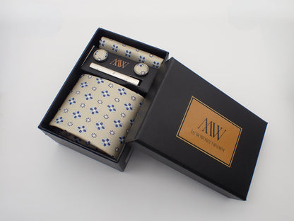 Flower Gold Tie Set / Pocket Square Tie Bowtie Cufflinks Set / Wedding Tie /Tie Clips/ Gift for him Mens anniversary Groomsmen Gift