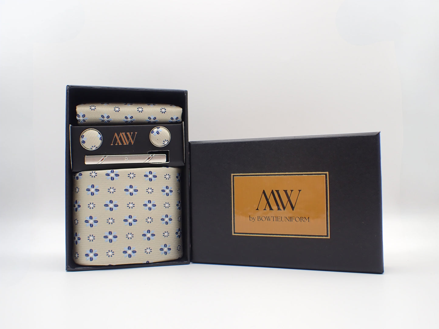 Flower Gold Tie Set / Pocket Square Tie Bowtie Cufflinks Set / Wedding Tie /Tie Clips/ Gift for him Mens anniversary Groomsmen Gift