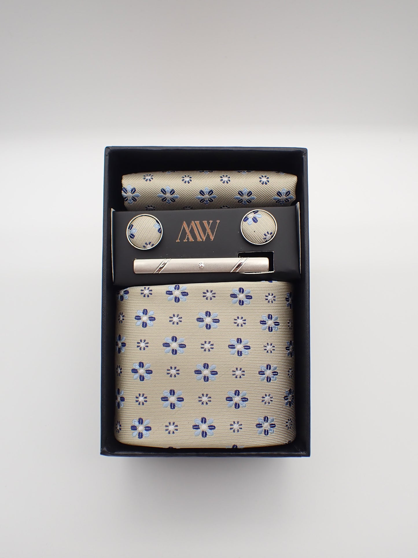 Flower Gold Tie Set / Pocket Square Tie Bowtie Cufflinks Set / Wedding Tie /Tie Clips/ Gift for him Mens anniversary Groomsmen Gift