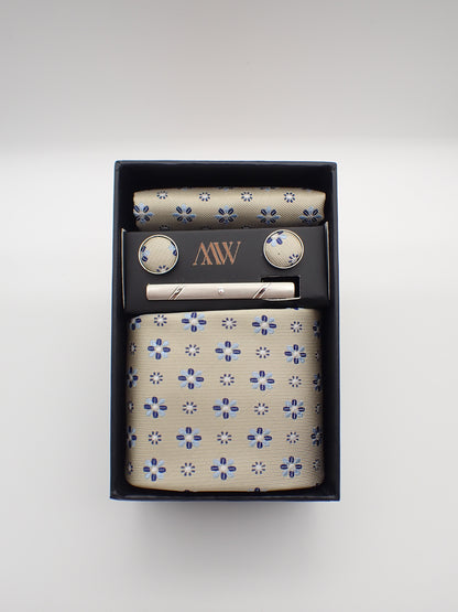 Flower Gold Tie Set / Pocket Square Tie Bowtie Cufflinks Set / Wedding Tie /Tie Clips/ Gift for him Mens anniversary Groomsmen Gift