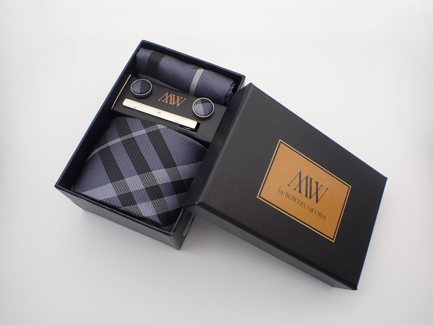 Gray Plaid Stripe Tie Set / Pocket Square Tie Bowtie Cufflinks Set / Wedding Tie / Tie Clips / Gift for him Mens Groomsmen Gift