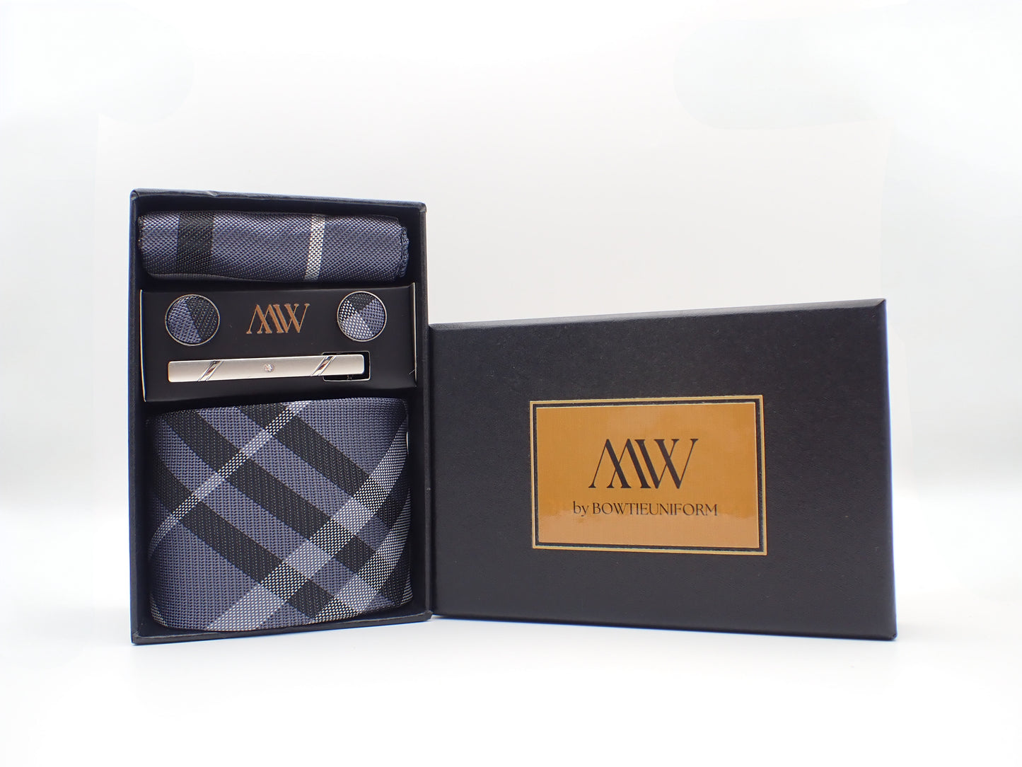 Gray Plaid Stripe Tie Set / Pocket Square Tie Bowtie Cufflinks Set / Wedding Tie / Tie Clips / Gift for him Mens Groomsmen Gift