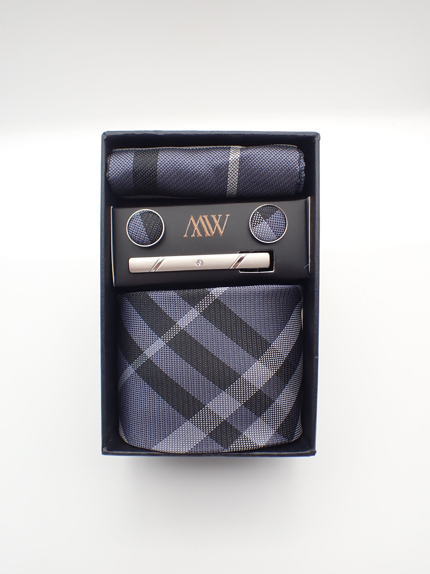 Gray Plaid Stripe Tie Set / Pocket Square Tie Bowtie Cufflinks Set / Wedding Tie / Tie Clips / Gift for him Mens Groomsmen Gift