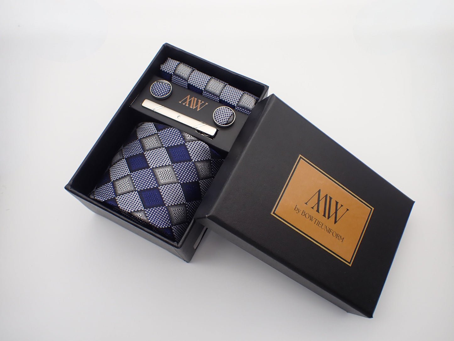 Blue Plaid Pattern Necktie Set / Pocket Square Tie Bowtie Cufflinks Set / Wedding Tie / Tie Clips / Gift for him Mens Groomsmen Gift