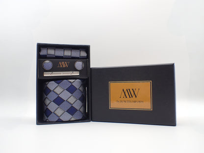 Blue Plaid Pattern Necktie Set / Pocket Square Tie Bowtie Cufflinks Set / Wedding Tie / Tie Clips / Gift for him Mens Groomsmen Gift