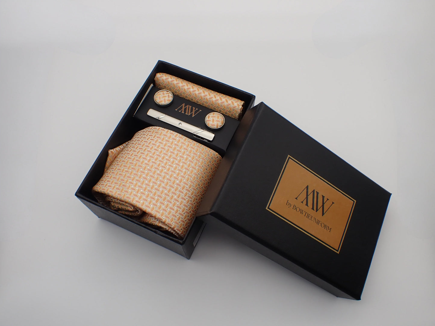 Light Orange Tie Set / Pocket Square Tie Bowtie Cufflinks Set / Wedding Tie / Tie Clips / Gift for him Mens Groomsmen Gift