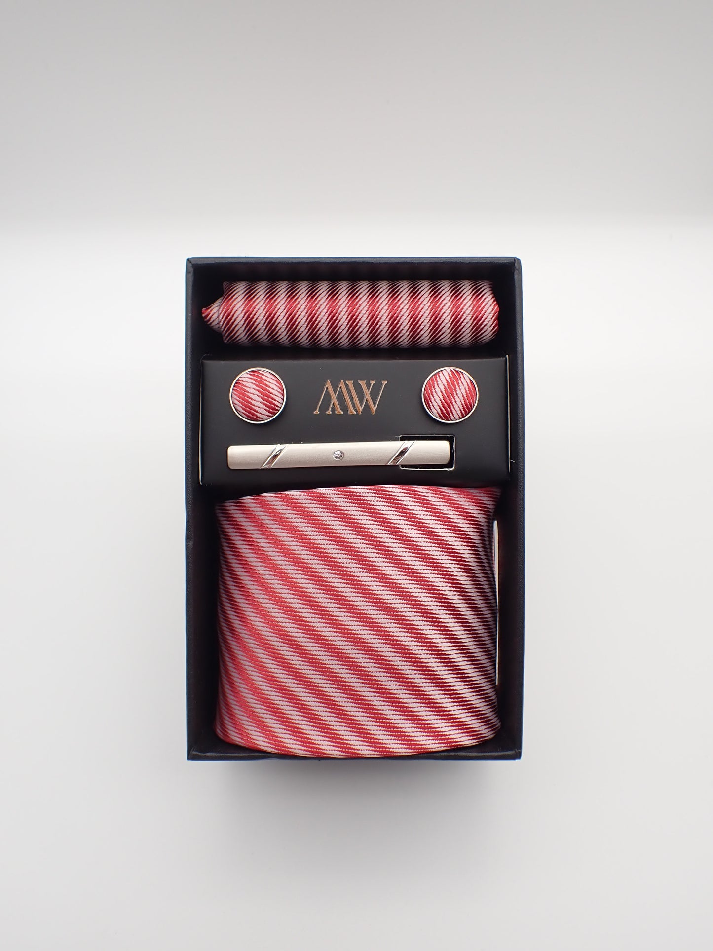 Red Stripe Pattern Tie Set / Pocket Square Tie Bowtie Cufflinks Set / Wedding Tie / Tie Clips / Gift for him Mens Groomsmen Gift