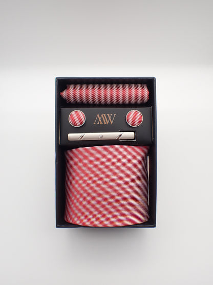 Red Stripe Pattern Tie Set / Pocket Square Tie Bowtie Cufflinks Set / Wedding Tie / Tie Clips / Gift for him Mens Groomsmen Gift