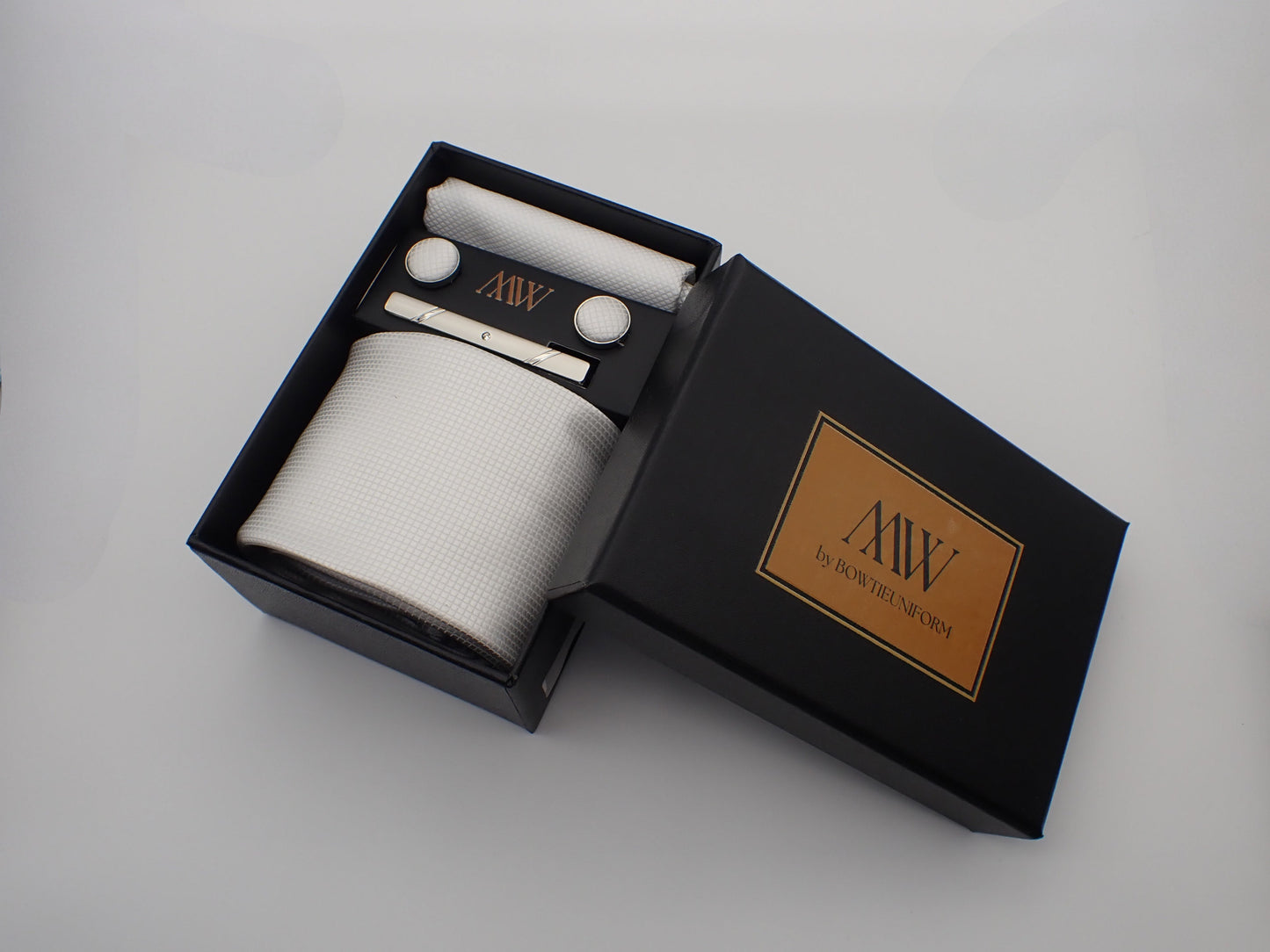 White Square Pattern Tie Set / Pocket Square Tie Bowtie Cufflinks Set / Wedding Tie / Tie Clips / Gift for him Mens Groomsmen Gift