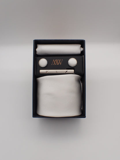 White Square Pattern Tie Set / Pocket Square Tie Bowtie Cufflinks Set / Wedding Tie / Tie Clips / Gift for him Mens Groomsmen Gift