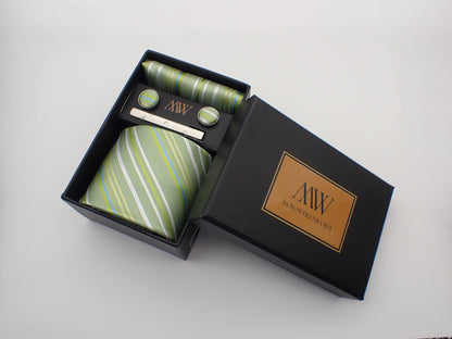 Sage Green Stripe Pattern Tie Set / Pocket Square Tie Bowtie Cufflinks Set / Wedding Tie / Tie Clips / Gift for him Mens Groomsmen Gift
