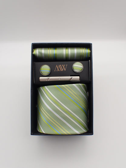 Sage Green Stripe Pattern Tie Set / Pocket Square Tie Bowtie Cufflinks Set / Wedding Tie / Tie Clips / Gift for him Mens Groomsmen Gift