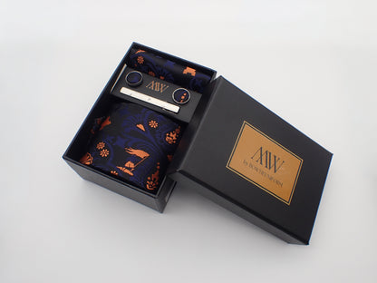 Black Orange Paisley Necktie Set / Pocket Square Tie Bowtie Cufflinks Set / Wedding Tie / Tie Clips / Gift for him Mens Groomsmen Gift