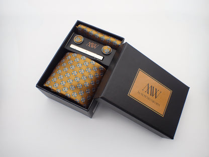 Dusty Gold Square Pattern Necktie Set / Pocket Square Tie Bowtie Cufflinks Set / Wedding Tie / Tie Clips / Gift for him Mens Groomsmen Gift