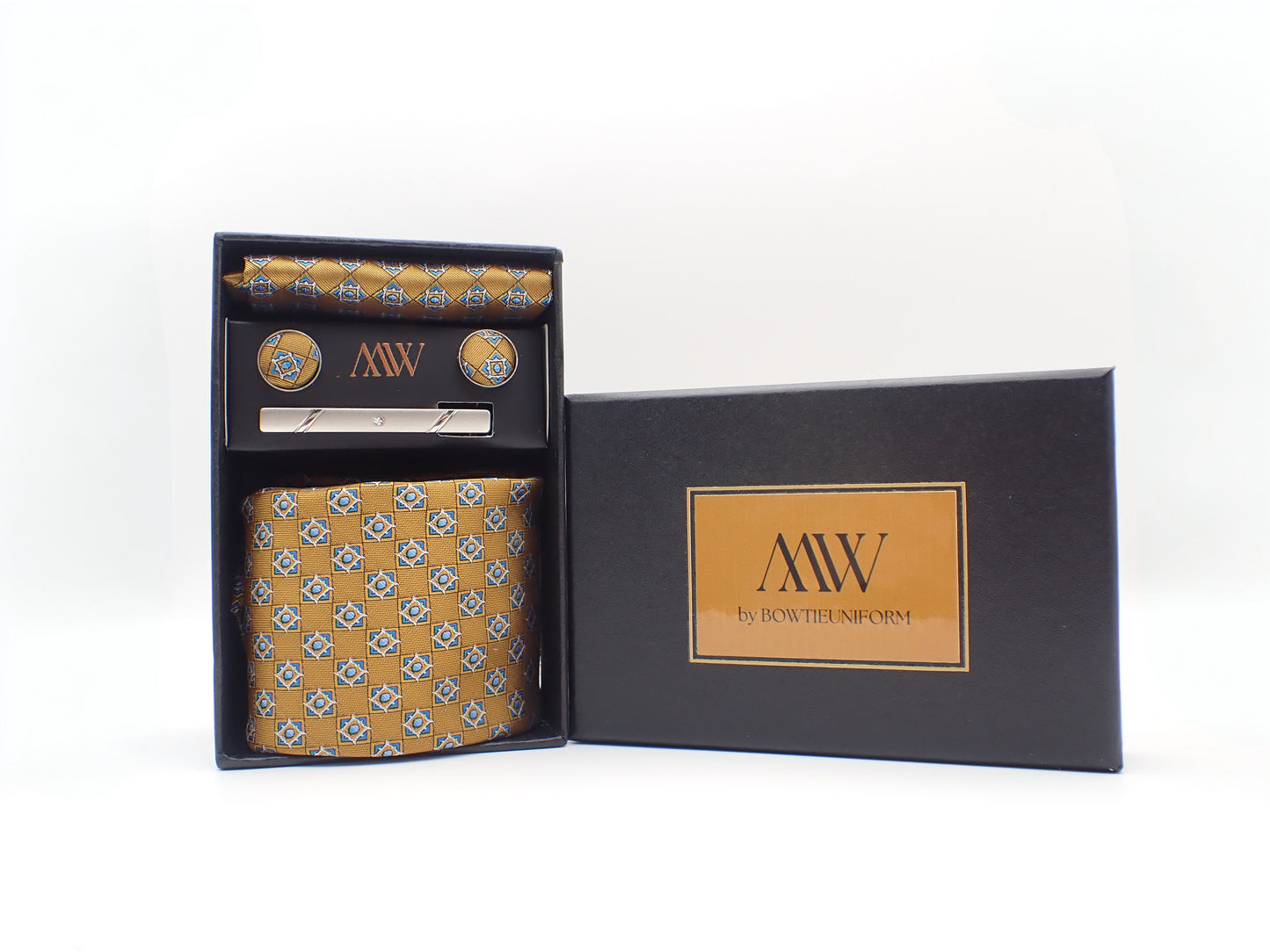 Dusty Gold Square Pattern Necktie Set / Pocket Square Tie Bowtie Cufflinks Set / Wedding Tie / Tie Clips / Gift for him Mens Groomsmen Gift