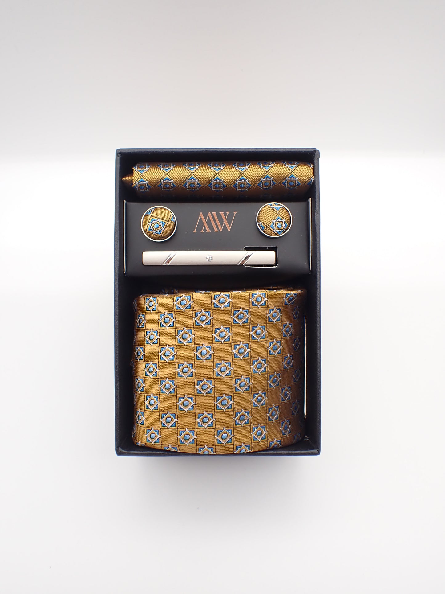 Dusty Gold Square Pattern Necktie Set / Pocket Square Tie Bowtie Cufflinks Set / Wedding Tie / Tie Clips / Gift for him Mens Groomsmen Gift