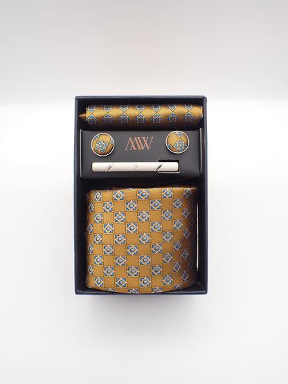 Dusty Gold Square Pattern Necktie Set / Pocket Square Tie Bowtie Cufflinks Set / Wedding Tie / Tie Clips / Gift for him Mens Groomsmen Gift