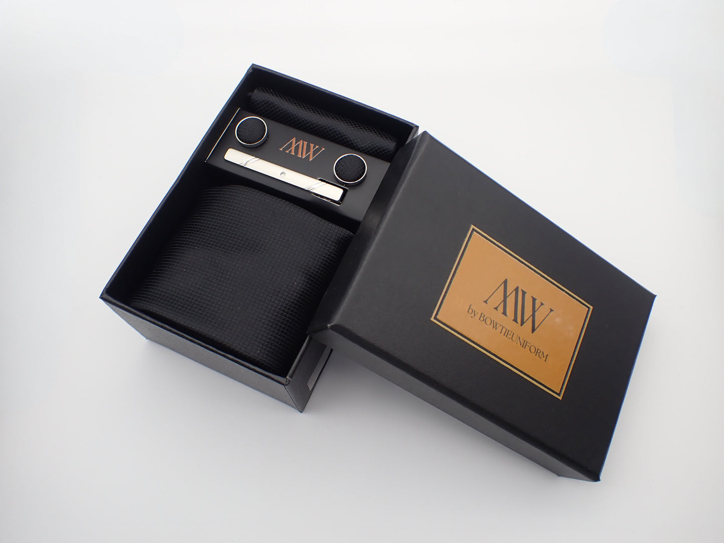 Black Tie Set Premium Necktie and Clip / Pocket Square Tie Bowtie Cufflinks Set / Wedding Tie / Tie Clips / Gift for him Mens Groomsmen Gift