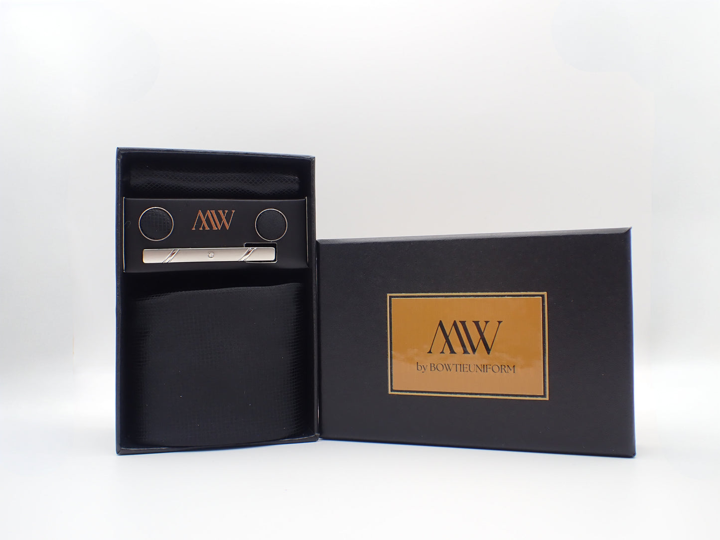 Black Tie Set Premium Necktie and Clip / Pocket Square Tie Bowtie Cufflinks Set / Wedding Tie / Tie Clips / Gift for him Mens Groomsmen Gift