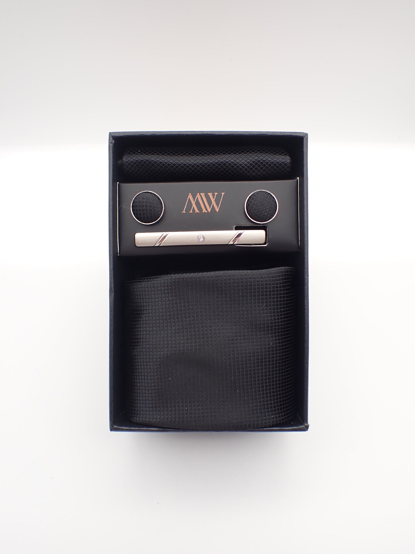 Black Tie Set Premium Necktie and Clip / Pocket Square Tie Bowtie Cufflinks Set / Wedding Tie / Tie Clips / Gift for him Mens Groomsmen Gift