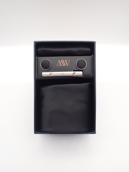 Black Tie Set Premium Necktie and Clip / Pocket Square Tie Bowtie Cufflinks Set / Wedding Tie / Tie Clips / Gift for him Mens Groomsmen Gift