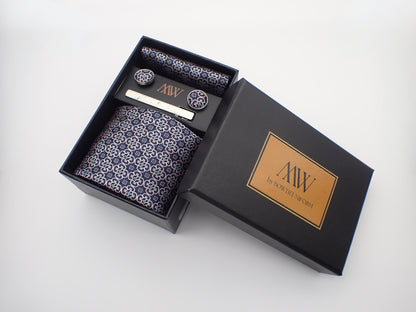 Fancy Pattern Gold Navy Necktie Set / Pocket Square Tie Bowtie Cufflinks Set / Wedding Tie / Tie Clips / Gift for him Mens Groomsmen Gift